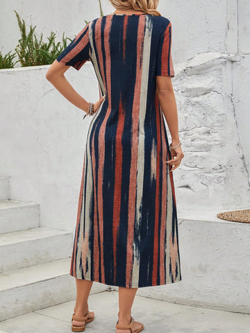 EMERY ROSE Elegant Women's Stripe Round Neck Long Dress