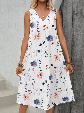 EMERY ROSE Ladies" Printed Sleeveless Dress With Solid Color Coat Two-Piece Summer Outfit
