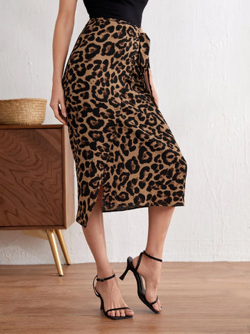 EMERY ROSE Leopard Print Tie Front Wrap Skirt