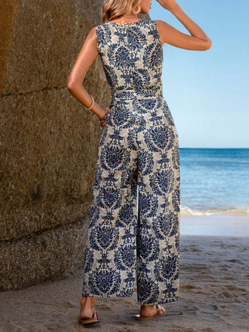 EMERY ROSE Printed Jumpsuit With Belted Waist And Slanted Pockets Summer