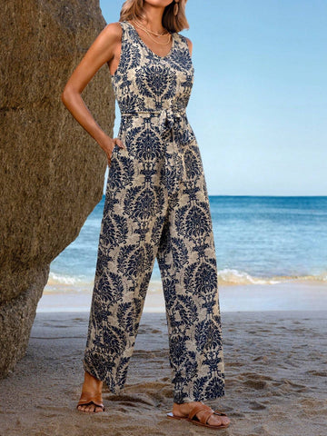 EMERY ROSE Printed Jumpsuit With Belted Waist And Slanted Pockets Summer
