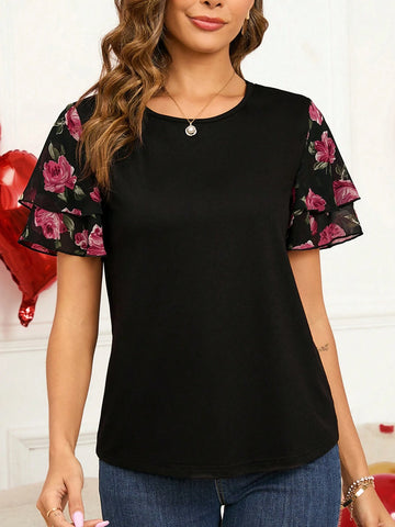EMERY ROSE Romantic Valentine's Day Rose Flower Print Ruffle Sleeve Women T-Shirt