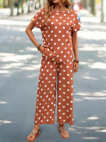 EMERY ROSE Summer Polka Dot Print Round Neck Short-Sleeved Top And Long Pants Set