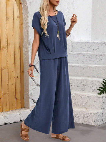 EMERY ROSE Summer Vacation Casual Solid Color Batwing Sleeve Shirt And Wide Leg Pants Combination