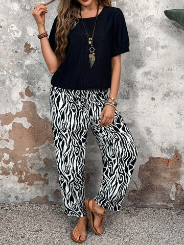 EMERY ROSE Women Black Round Neck Top And Zebra Print Pants Set With Two Feet, Summer