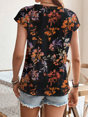 EMERY ROSE Women Colorful Flower Printed V-Neck Short Sleeve T-Shirt
