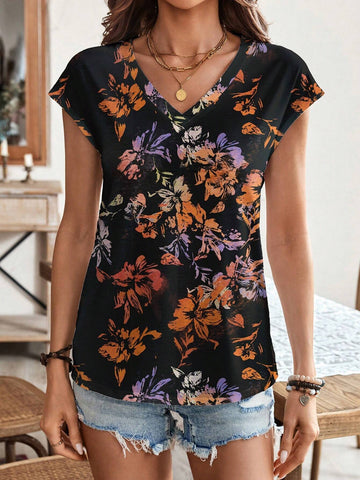 EMERY ROSE Women Colorful Flower Printed V-Neck Short Sleeve T-Shirt