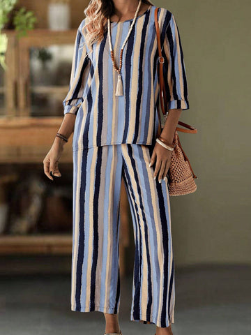 EMERY ROSE Women Fashionable Color Block Vertical Striped Top And Pants Set