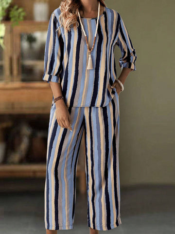 EMERY ROSE Women Fashionable Color Block Vertical Striped Top And Pants Set
