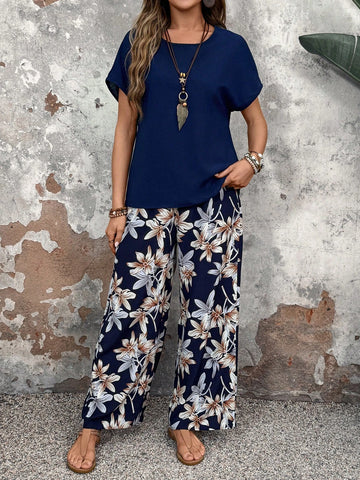EMERY ROSE Women Solid Color Round Neck Short Sleeve Top And Flower Print Wide Leg Pants Set For Summer