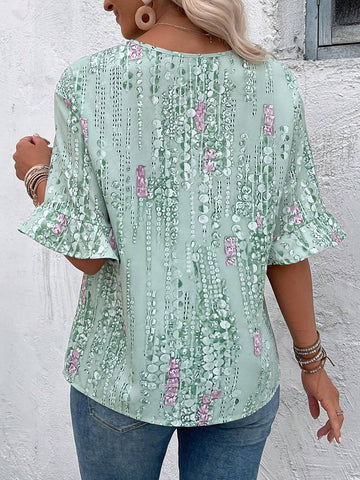 EMERY ROSE Women Summer Holiday Geometric Printed Loose Fit Shirt With Round Neck And Flared Sleeves