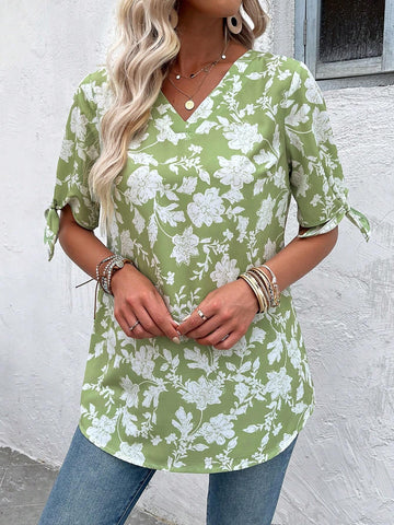 EMERY ROSE Women V-Neck Floral Printed Tie Front Summer Casual Shirt