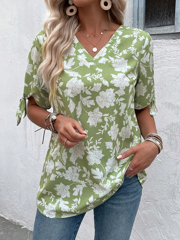 EMERY ROSE Women V-Neck Floral Printed Tie Front Summer Casual Shirt