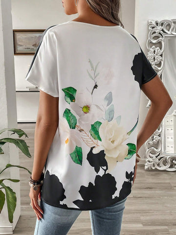 EMERY ROSE Women's Fashionable Short Sleeve Shirt With Leaf Print