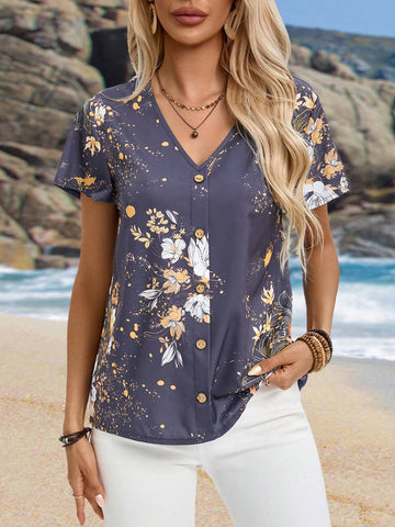 EMERY ROSE Women's Floral Print Beach Vacation Front Button V-Neck Short Sleeve Shirt
