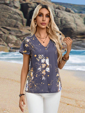 EMERY ROSE Women's Floral Print Beach Vacation Front Button V-Neck Short Sleeve Shirt