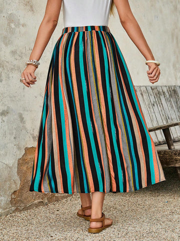 EMERY ROSE Women's Linen Multi-Color Striped Skirt For Summer