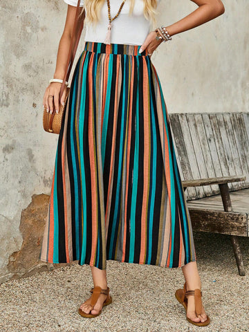 EMERY ROSE Women's Linen Multi-Color Striped Skirt For Summer