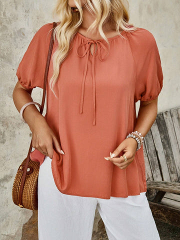 EMERY ROSE Women's Summer Vacation Casual Solid Color Lantern Sleeve Shirt