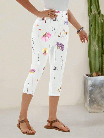 EMERY ROSE Women's White Flower Pattern Cropped Leggings