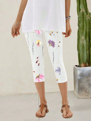 EMERY ROSE Women's White Flower Pattern Cropped Leggings
