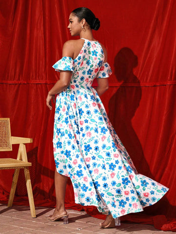 ERAMOS Vacation Style Flower Print Asymmetrical Halter Neck Off-Shoulder A-Line Dress