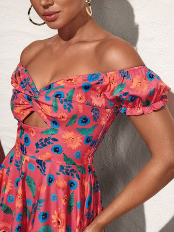 ERAMOS Women's Vacation Style One-Shoulder Floral Printed Asymmetrical A-Line Long Dress