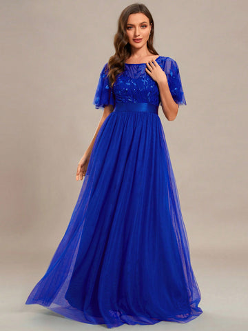 EVER-PRETTY Contrast Sequin Butterfly Sleeve Mesh Prom Dress