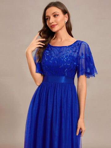 EVER-PRETTY Contrast Sequin Butterfly Sleeve Mesh Prom Dress