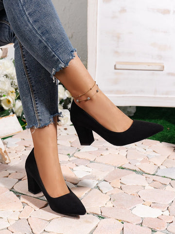 Elegant Black Court Pumps For Women, Point Toe Faux Suede Chunky Heeled Pumps