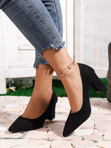 Elegant Black Court Pumps For Women, Point Toe Faux Suede Chunky Heeled Pumps