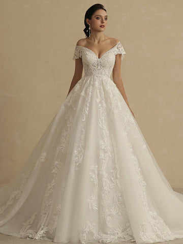 Embroidery Off Shoulder Floor Length Mesh Wedding Dress
