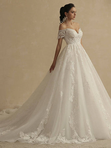 Embroidery Off Shoulder Floor Length Mesh Wedding Dress