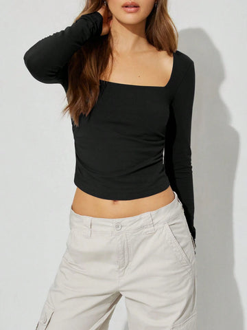 European And American Style Sexy Open Back Knitted Long Sleeve Crop Top With Square Neckline