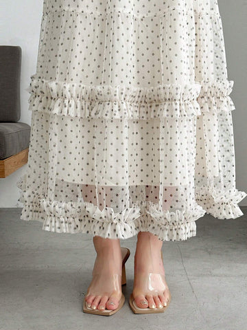 FRIFUL Women's Fashion Solid Color Polka Dot Ruffle Hem Skirt