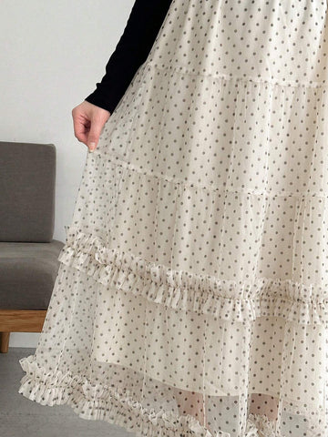 FRIFUL Women's Fashion Solid Color Polka Dot Ruffle Hem Skirt