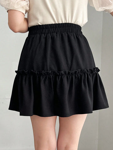 FRIFUL Women's Solid Color Elastic Waist Layered Summer Casual Skirt