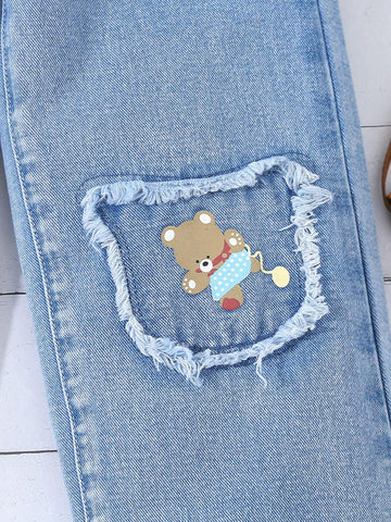 Fashionable, Cute, And Casual Straight Leg Jeans For Toddler Girls With A Bear Patch For Spring And Autumn