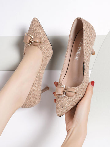Fashionable Pointed Toe Stiletto High Heel Single Shoes With Metal Decoration, Spring/Fall
