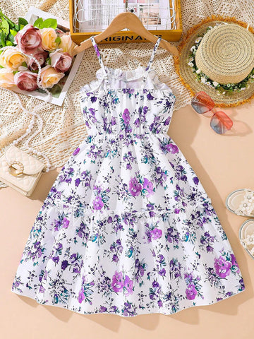 Fashionable Purple Flower Patterned Young Girls' Spaghetti Strap Dress With Ruffled Hem For Summer Vacation