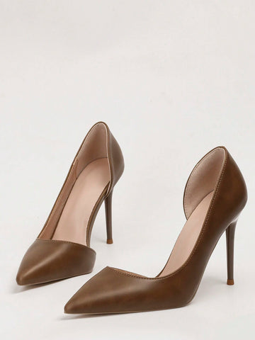 Fashionable & Simple Pointed Toe High Heels With Thin Heel, Suede Fabric, Side Hollow Out And Shallow Mouth Design To Show Your Sexy Figure