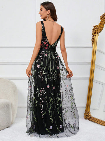 Floral Embroidery Mesh Overlay Plunging Neck Maxi Cami Dress