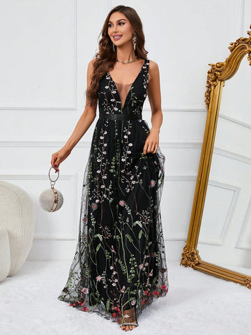 Floral Embroidery Mesh Overlay Plunging Neck Maxi Cami Dress