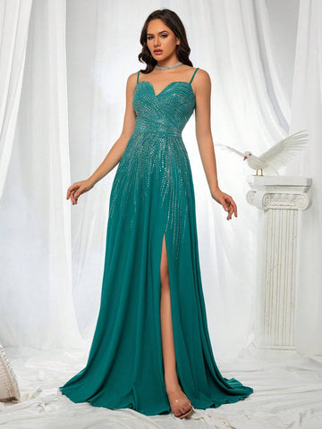 French-Style Gorgeous High-End Rhinestone Embellished High Split Spaghetti Straps Evening Dress For Rich Girls