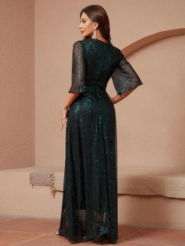Full Body Sequin Lace V-Neck Empire Waist Long Party Dress