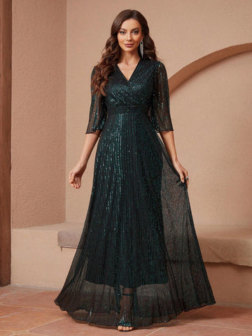 Full Body Sequin Lace V-Neck Empire Waist Long Party Dress