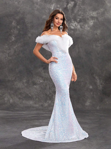 Giffniseti Women's Evening Party Glitter Off Shoulder Lace Mesh Sleeveless Elegant Mermaid Formal Dress