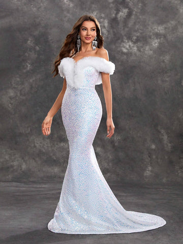 Giffniseti Women's Evening Party Glitter Off Shoulder Lace Mesh Sleeveless Elegant Mermaid Formal Dress