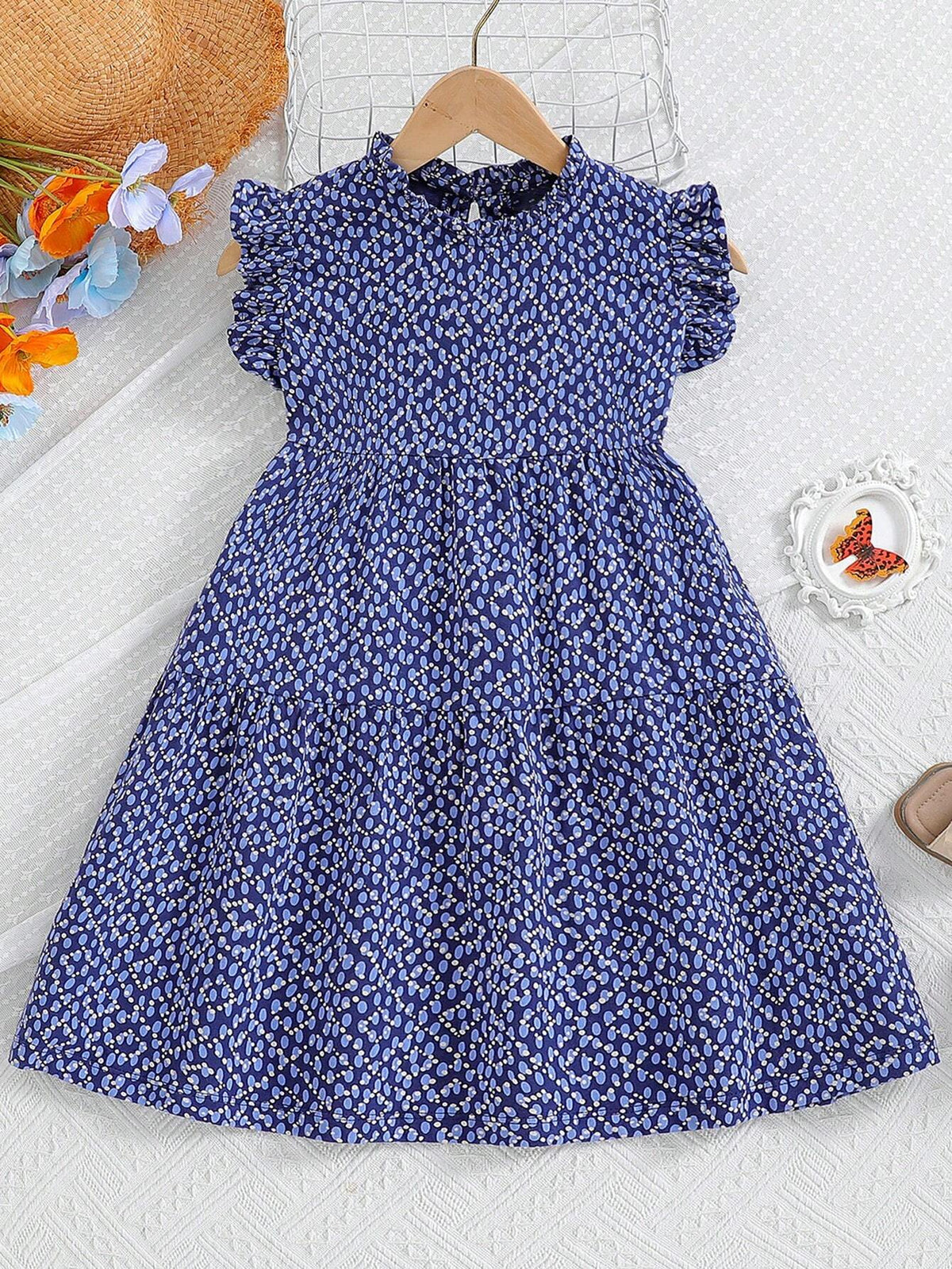 Girls" Casual Cute Polka Dot Short Flutter Sleeve Dress With Elastic Waistband, Suitable For Daily And Outdoor Activities