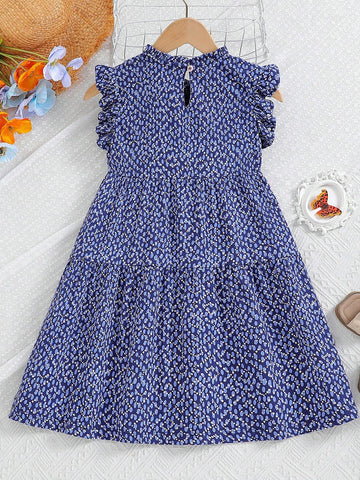 Girls" Casual Cute Polka Dot Short Flutter Sleeve Dress With Elastic Waistband, Suitable For Daily And Outdoor Activities